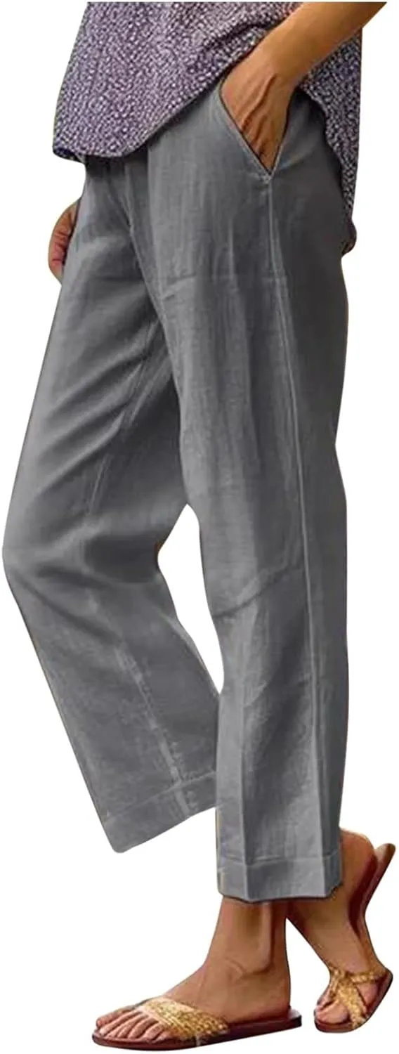 Womens Cotton Linen Wide Leg Pants Drawstring Elastic Loose Fit Casual Trousers Beach 2025 Summer Yoga Pants