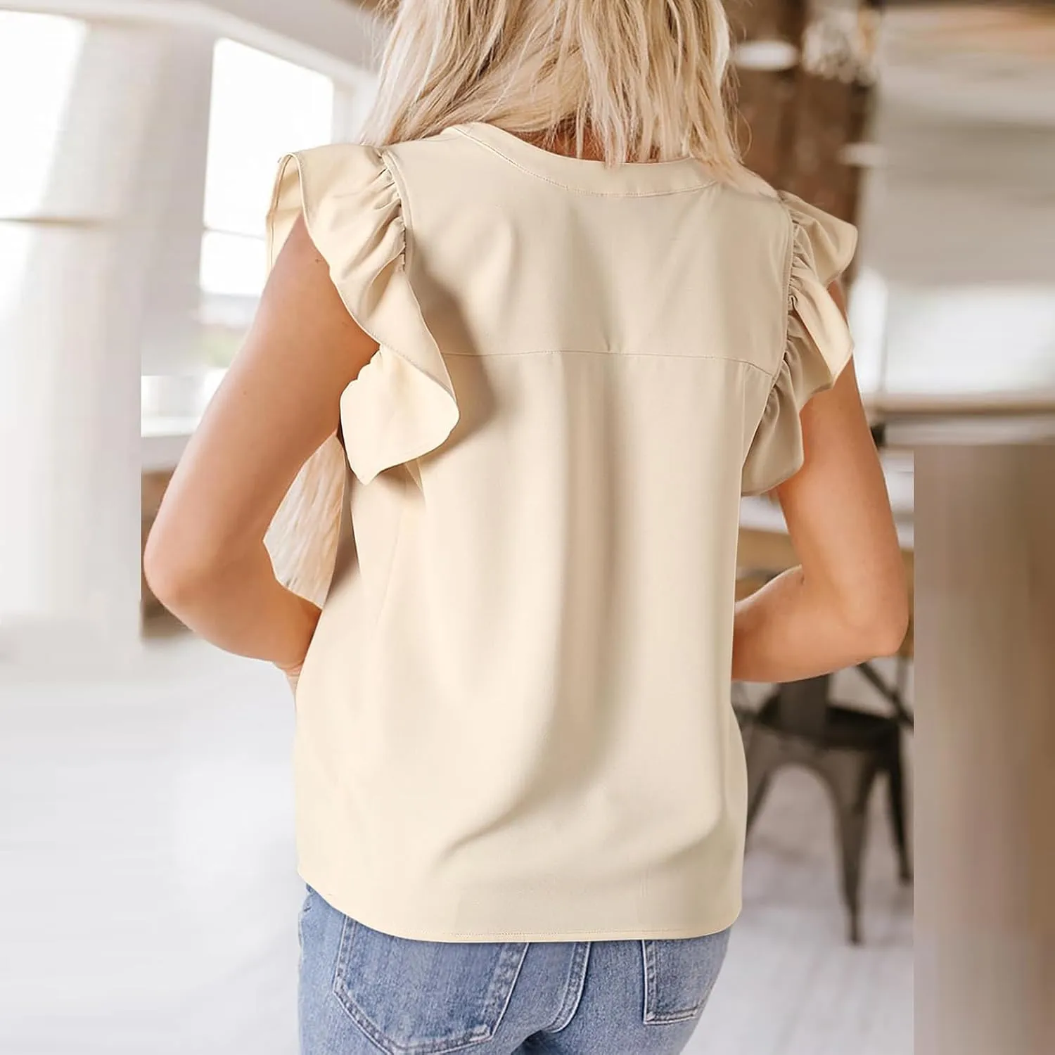 Womens Dressy Casual Tops Ruffle Short Sleeve T Shirts V Neck Solid Tunic Summer Cute Elegant Business Work Blouses