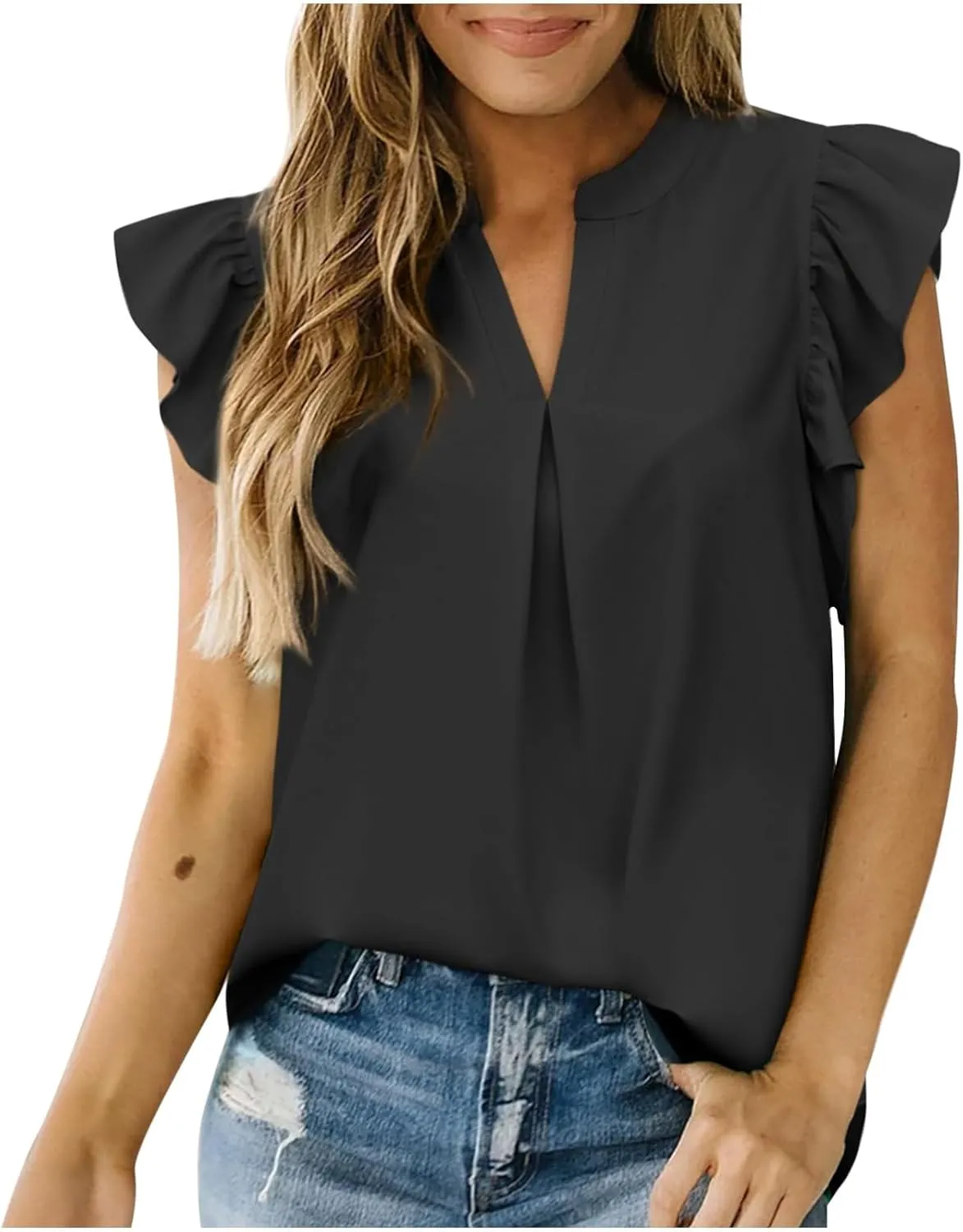 Womens Dressy Casual Tops Ruffle Short Sleeve T Shirts V Neck Solid Tunic Summer Cute Elegant Business Work Blouses