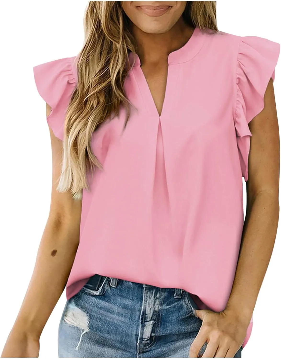 Womens Dressy Casual Tops Ruffle Short Sleeve T Shirts V Neck Solid Tunic Summer Cute Elegant Business Work Blouses