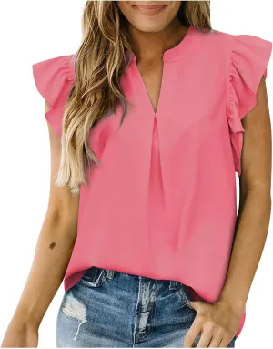 Womens Dressy Casual Tops Ruffle Short Sleeve T Shirts V Neck Solid Tunic Summer Cute Elegant Business Work Blouses