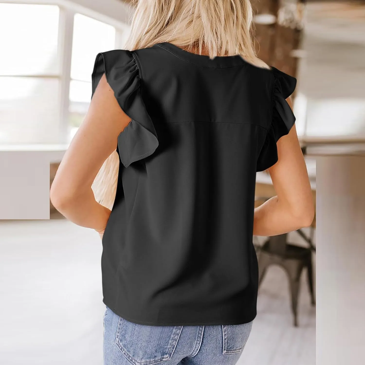 Womens Dressy Casual Tops Ruffle Short Sleeve T Shirts V Neck Solid Tunic Summer Cute Elegant Business Work Blouses