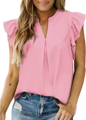 Womens Dressy Casual Tops Ruffle Short Sleeve T Shirts V Neck Solid Tunic Summer Cute Elegant Business Work Blouses