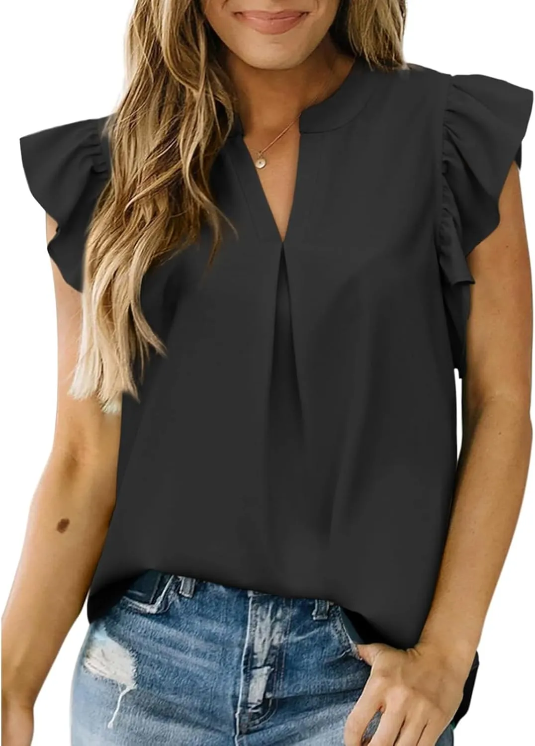 Womens Dressy Casual Tops Ruffle Short Sleeve T Shirts V Neck Solid Tunic Summer Cute Elegant Business Work Blouses