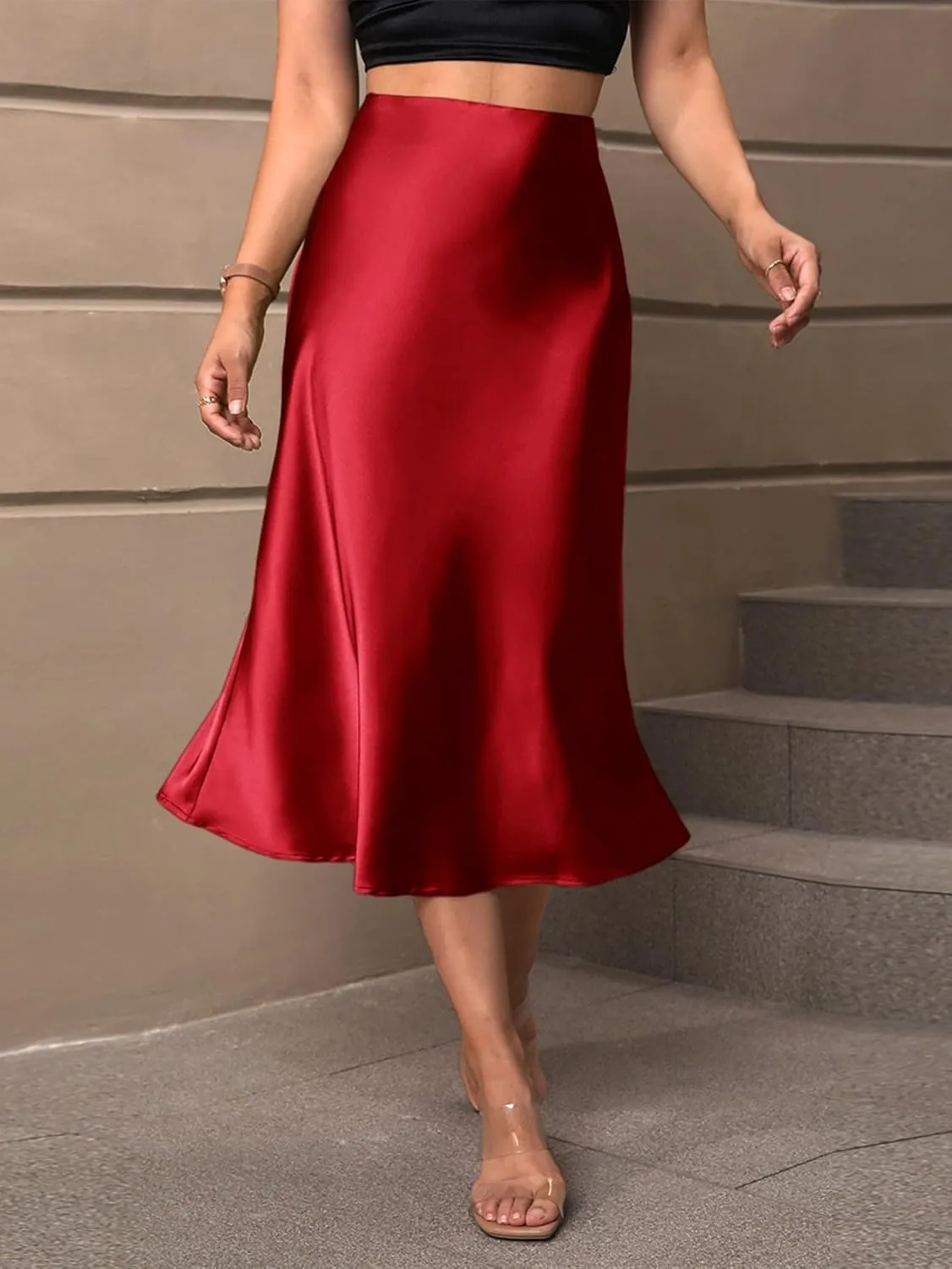 Women's Elegant Satin Midi Skirt - High-Waisted, Stretchy, and Versatile for Every Occasion