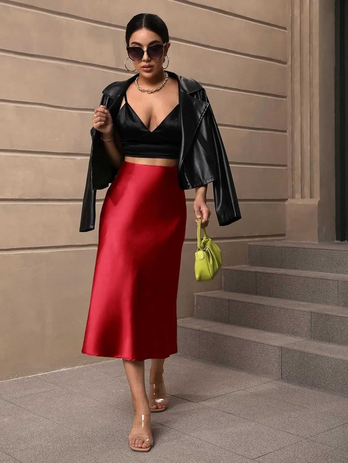 Women's Elegant Satin Midi Skirt - High-Waisted, Stretchy, and Versatile for Every Occasion