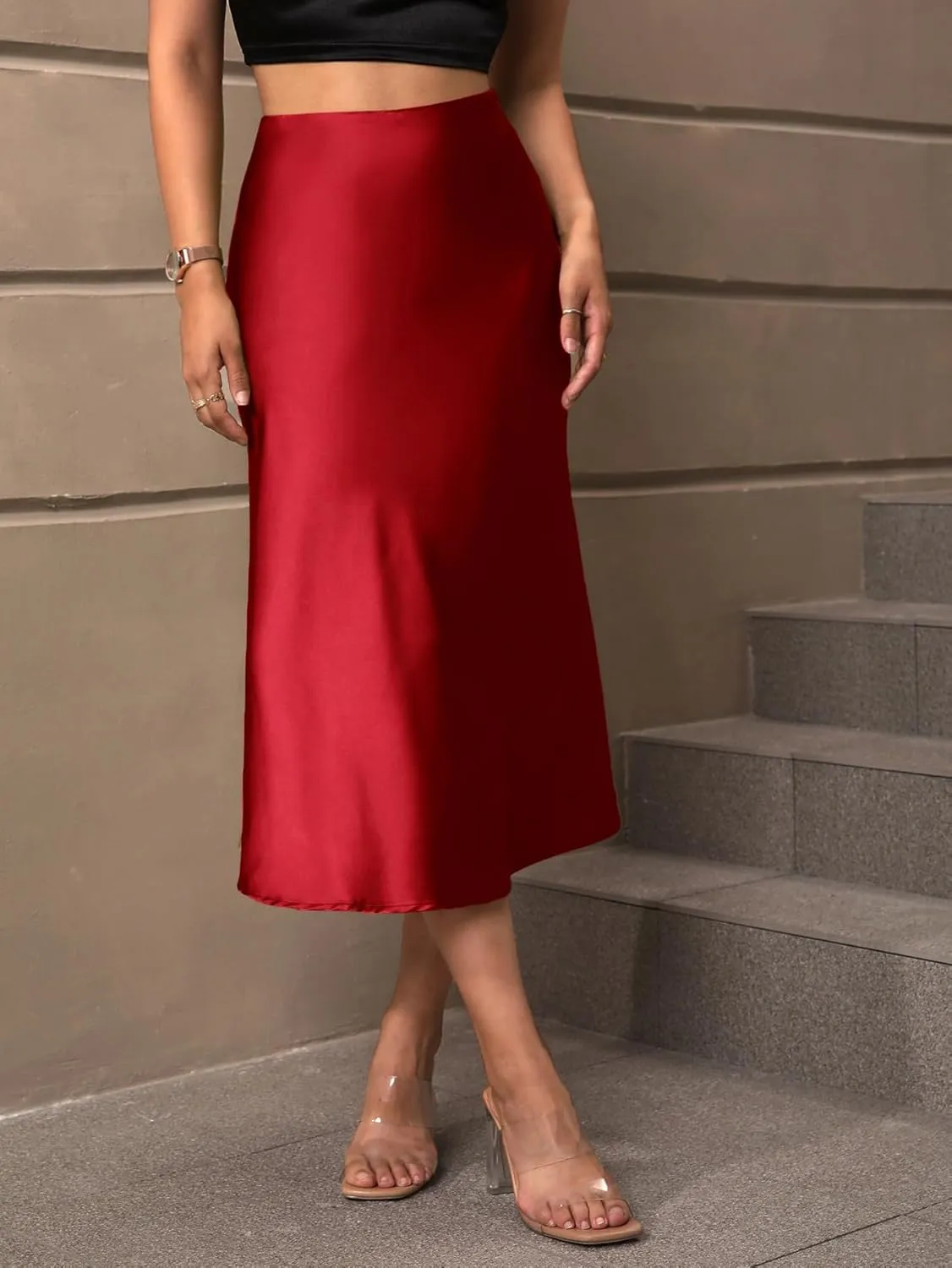 Women's Elegant Satin Midi Skirt - High-Waisted, Stretchy, and Versatile for Every Occasion