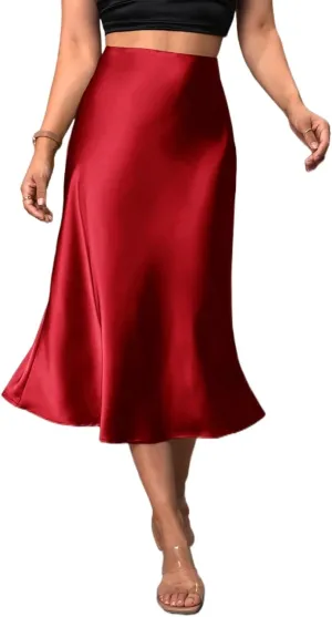 Women's Elegant Satin Midi Skirt - High-Waisted, Stretchy, and Versatile for Every Occasion