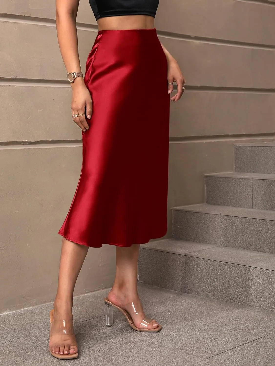 Women's Elegant Satin Midi Skirt - High-Waisted, Stretchy, and Versatile for Every Occasion