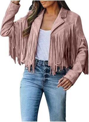 Womens Fringe Jackets Plus Size Faux Suede Coat Fashion Long Sleeve Cardigan Vintage Western Hippie Clothes