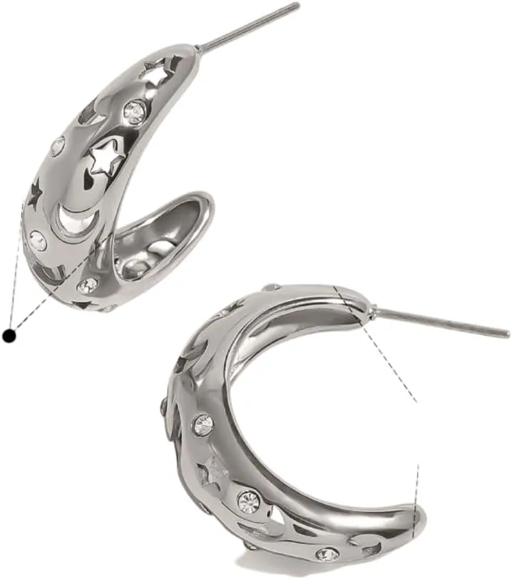 Women's Gold-Plated Stainless Steel Crystal Star Cut-Out C-Hoop Stud Earrings