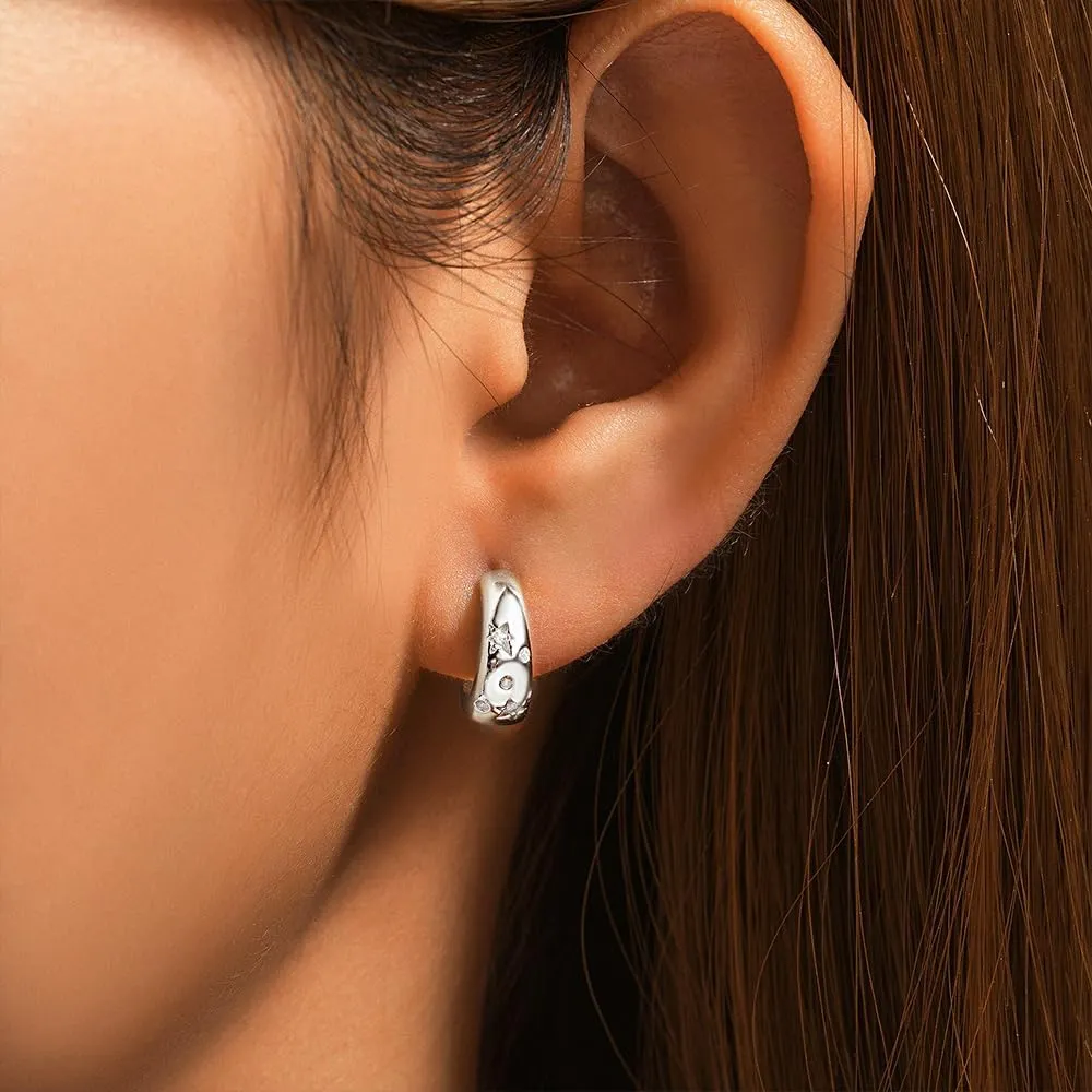 Women's Gold-Plated Stainless Steel Crystal Star Cut-Out C-Hoop Stud Earrings