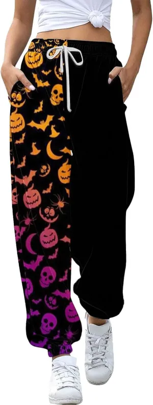 Womens Halloween Sweatpants Trendy Funny Print Drawstring Waist Wide Leg Pants Work Loose Pocket Lounge Joggers