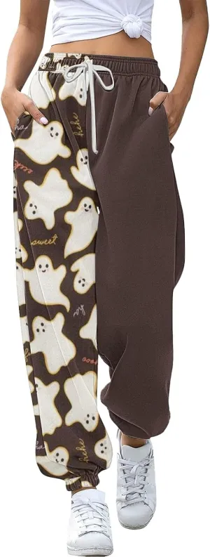 Womens Halloween Sweatpants Trendy Funny Print Drawstring Waist Wide Leg Pants Work Loose Pocket Lounge Joggers