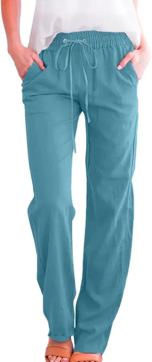 Womens Linen 2025 Summer Solid Pants Wide Leg High Waist Casual Pants Loose Fit Drawstring Trousers with Pockets