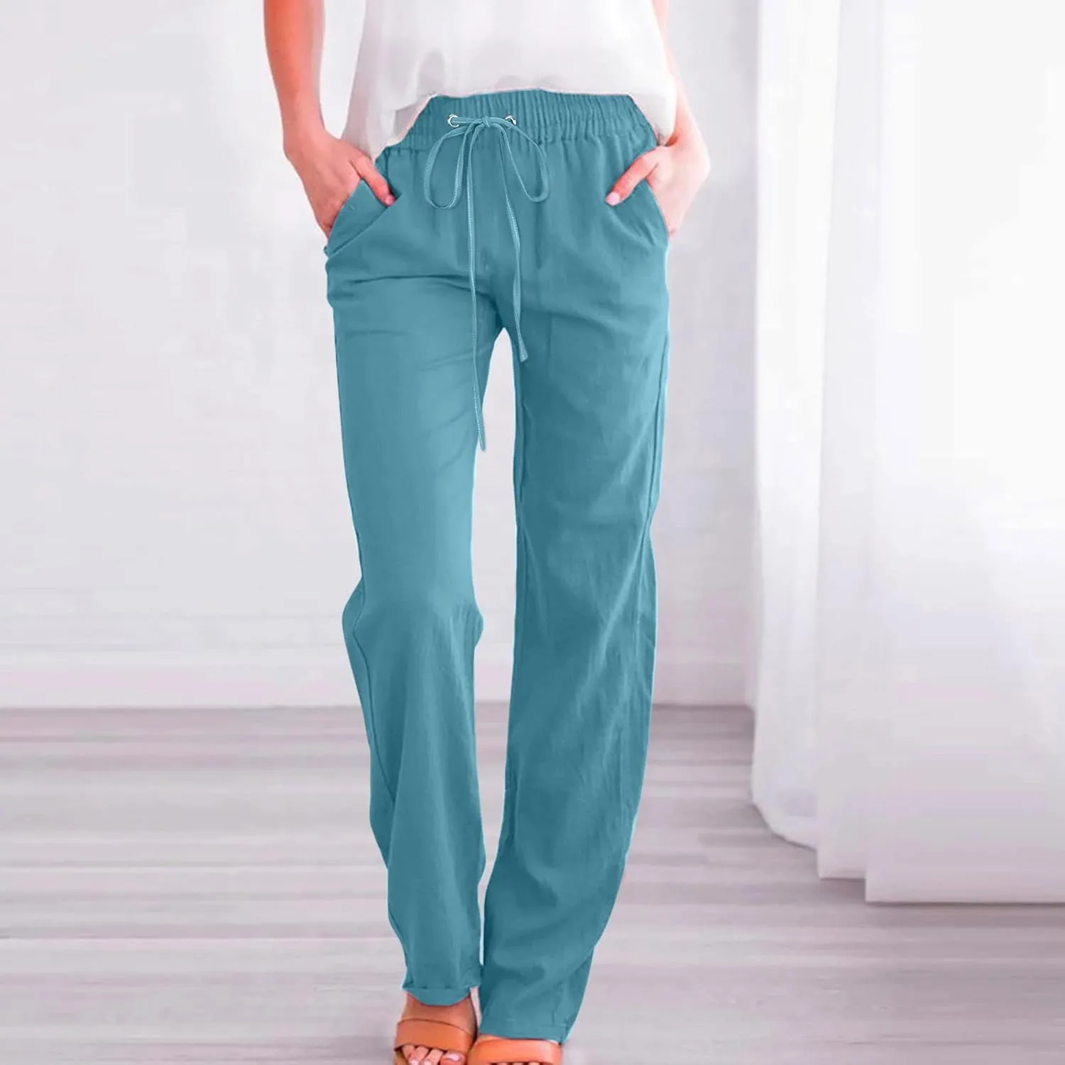 Womens Linen 2025 Summer Solid Pants Wide Leg High Waist Casual Pants Loose Fit Drawstring Trousers with Pockets
