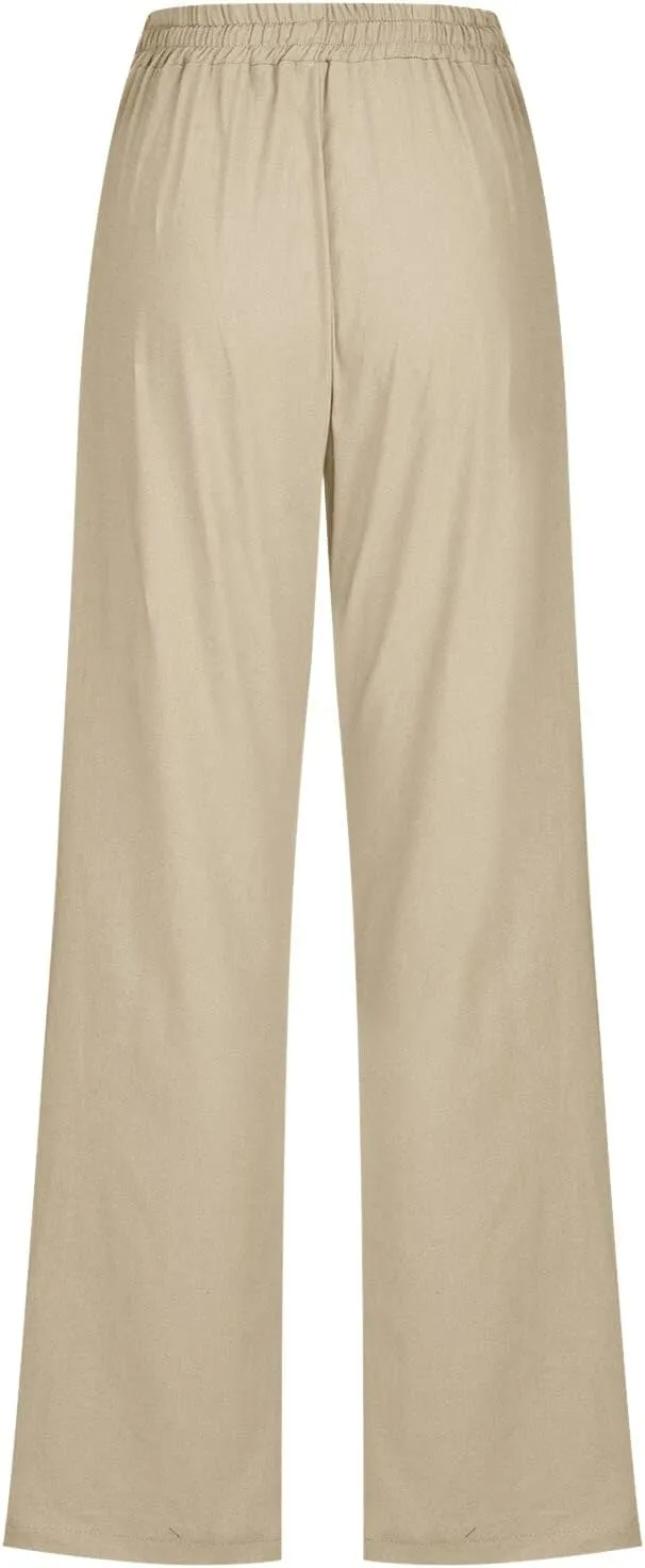 Womens Linen 2025 Summer Solid Pants Wide Leg High Waist Casual Pants Loose Fit Drawstring Trousers with Pockets