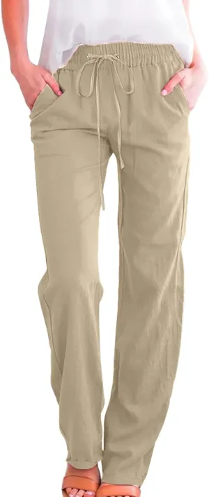 Womens Linen 2025 Summer Solid Pants Wide Leg High Waist Casual Pants Loose Fit Drawstring Trousers with Pockets
