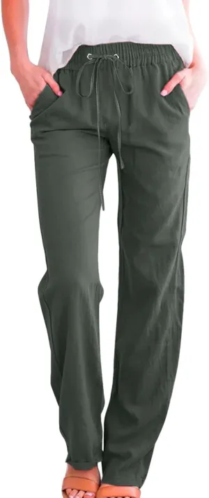 Womens Linen 2025 Summer Solid Pants Wide Leg High Waist Casual Pants Loose Fit Drawstring Trousers with Pockets