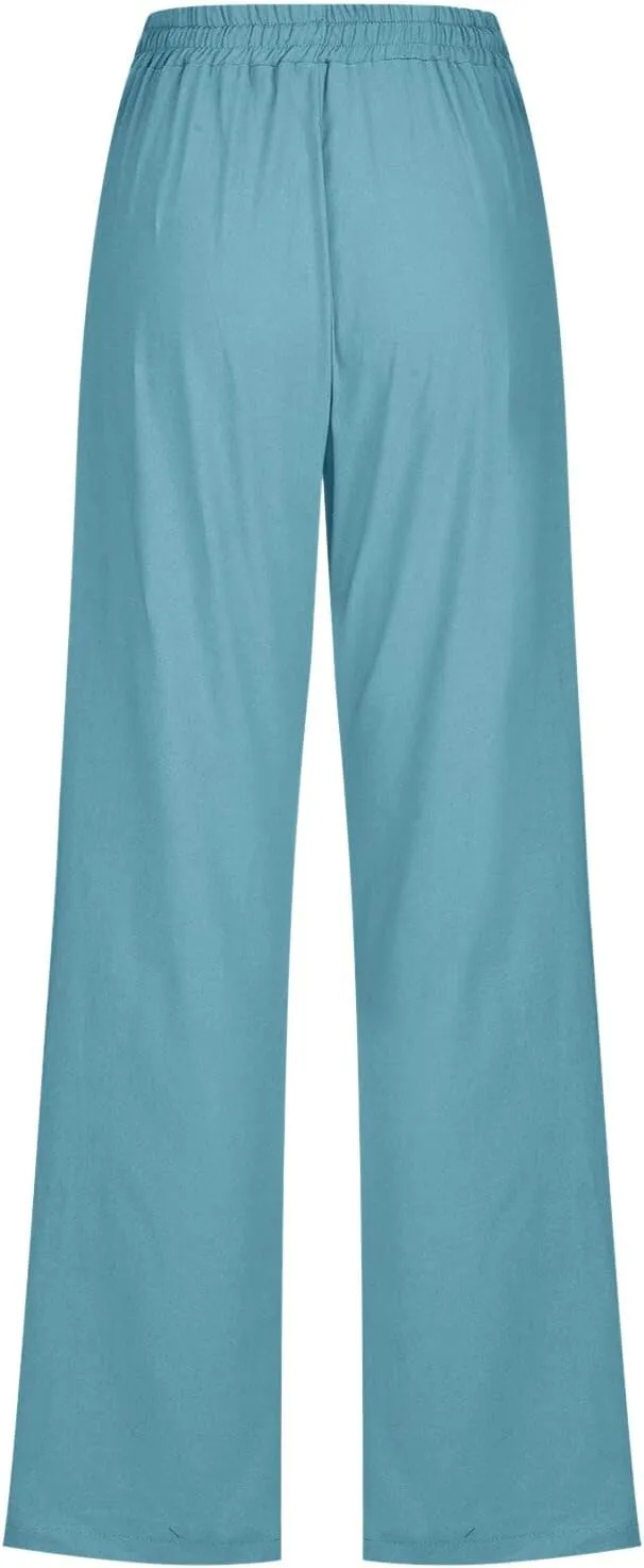 Womens Linen 2025 Summer Solid Pants Wide Leg High Waist Casual Pants Loose Fit Drawstring Trousers with Pockets