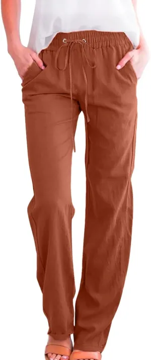 Womens Linen 2025 Summer Solid Pants Wide Leg High Waist Casual Pants Loose Fit Drawstring Trousers with Pockets