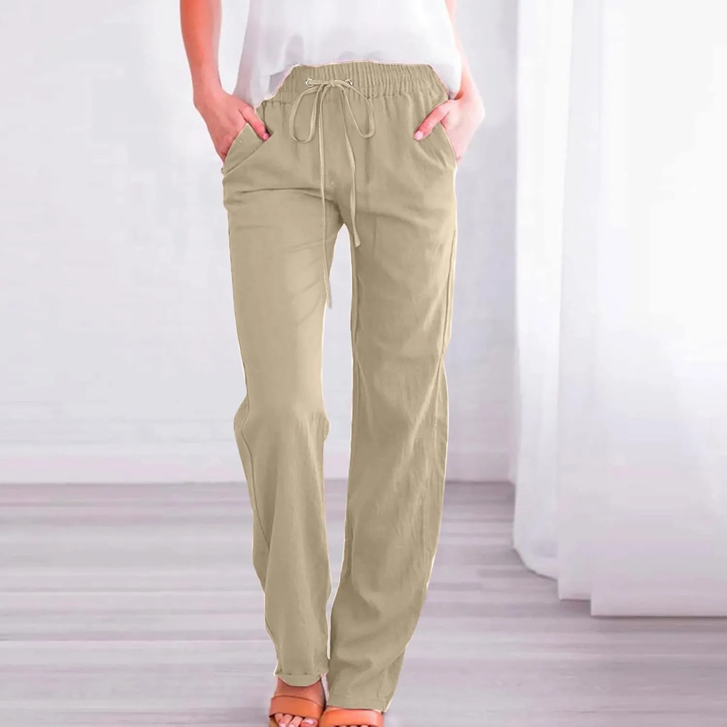 Womens Linen 2025 Summer Solid Pants Wide Leg High Waist Casual Pants Loose Fit Drawstring Trousers with Pockets