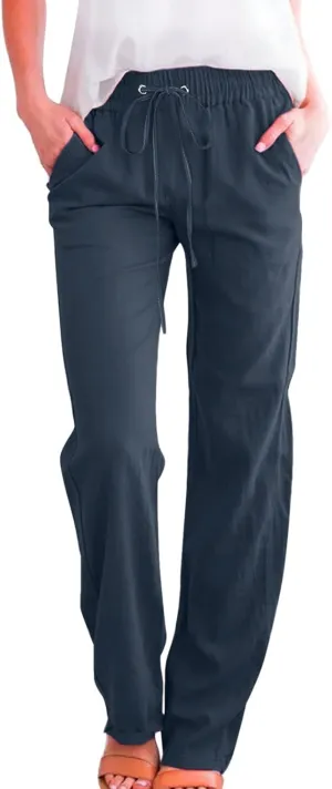 Womens Linen 2025 Summer Solid Pants Wide Leg High Waist Casual Pants Loose Fit Drawstring Trousers with Pockets
