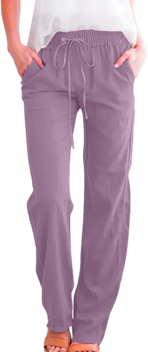 Womens Linen 2025 Summer Solid Pants Wide Leg High Waist Casual Pants Loose Fit Drawstring Trousers with Pockets