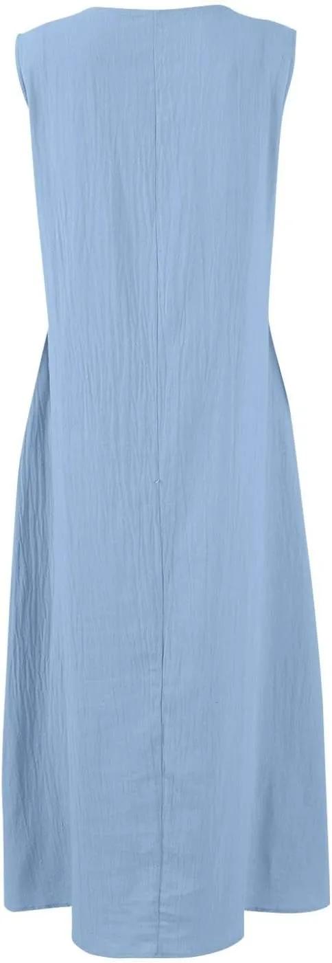 Womens Linen Dress Strapless 3/4 Sleeve Summer Casual Maxi Sundress Lightweight Loose Beach Dress Breathable Cool