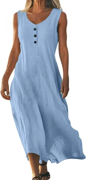 Womens Linen Dress Strapless 3/4 Sleeve Summer Casual Maxi Sundress Lightweight Loose Beach Dress Breathable Cool