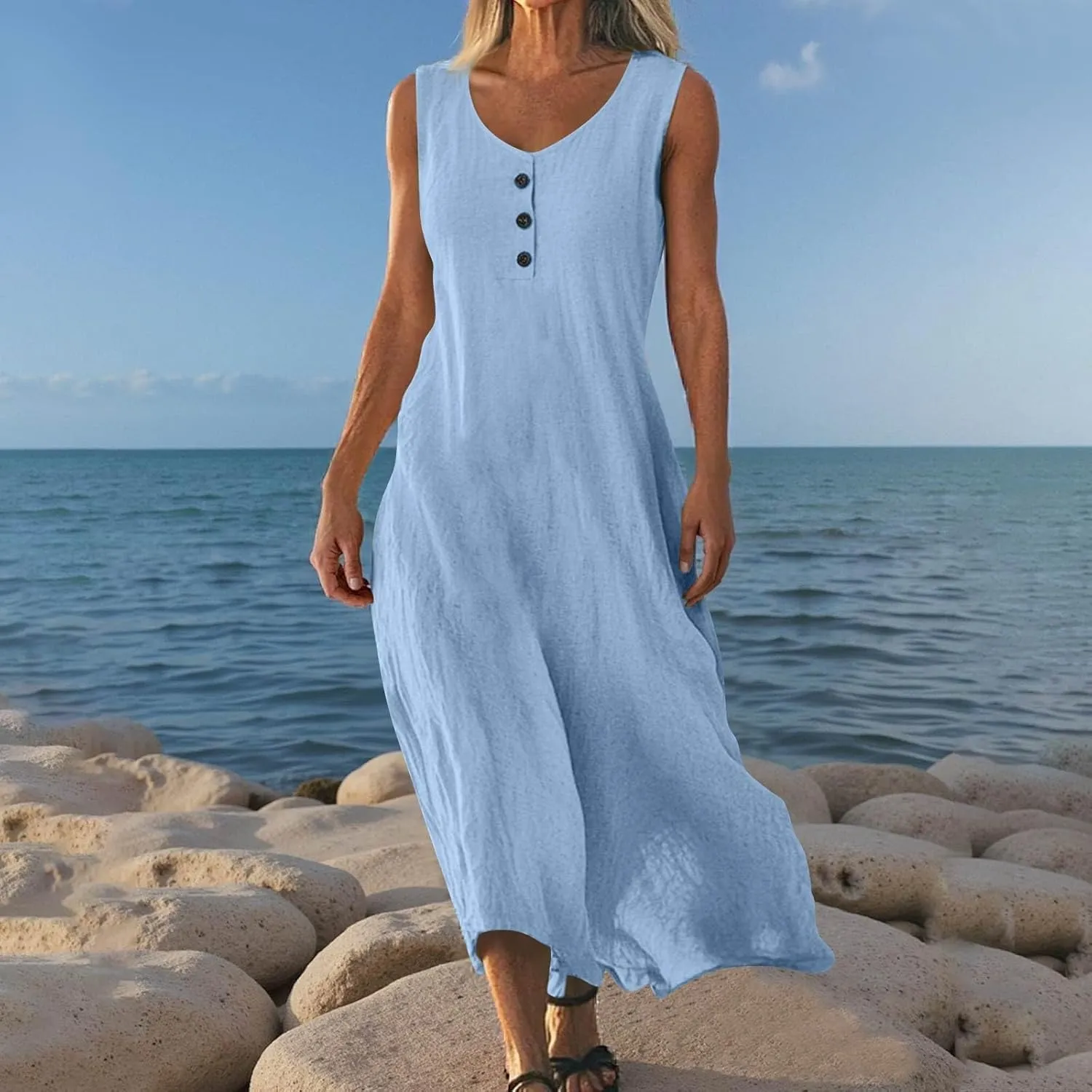 Womens Linen Dress Strapless 3/4 Sleeve Summer Casual Maxi Sundress Lightweight Loose Beach Dress Breathable Cool