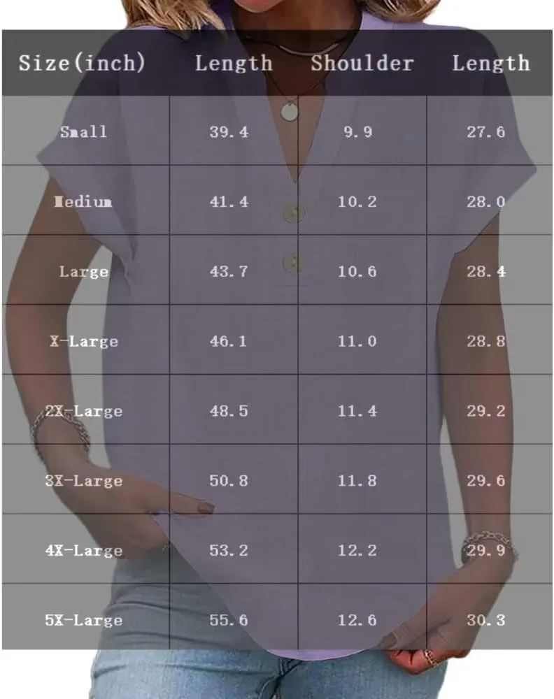 Womens Linen Shirt Plus Size Summer Tops Casual Lightweight V Neck Tees Short Sleeve Boho Blouse Solid Color