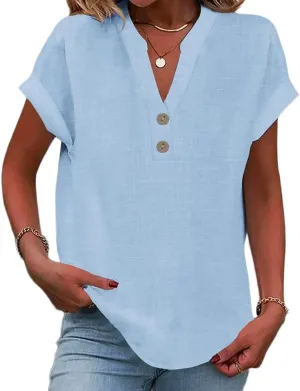Womens Linen Shirt Plus Size Summer Tops Casual Lightweight V Neck Tees Short Sleeve Boho Blouse Solid Color
