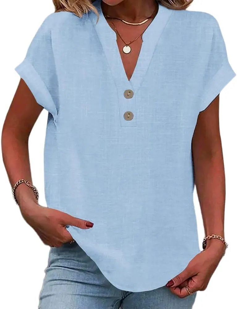 Womens Linen Shirt Plus Size Summer Tops Casual Lightweight V Neck Tees Short Sleeve Boho Blouse Solid Color