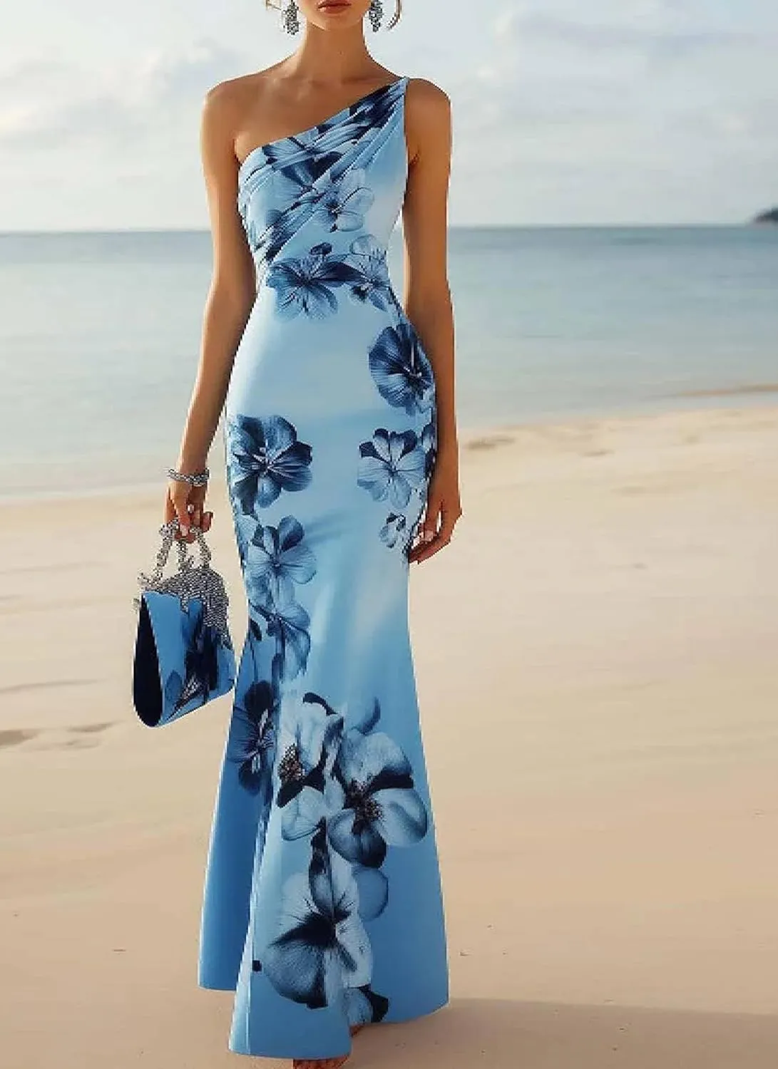Women's Maxi Dress One Shoulder Sleeveless Blue Print Fresh and Elegant 2025 Summer Spring Cocktail Dress