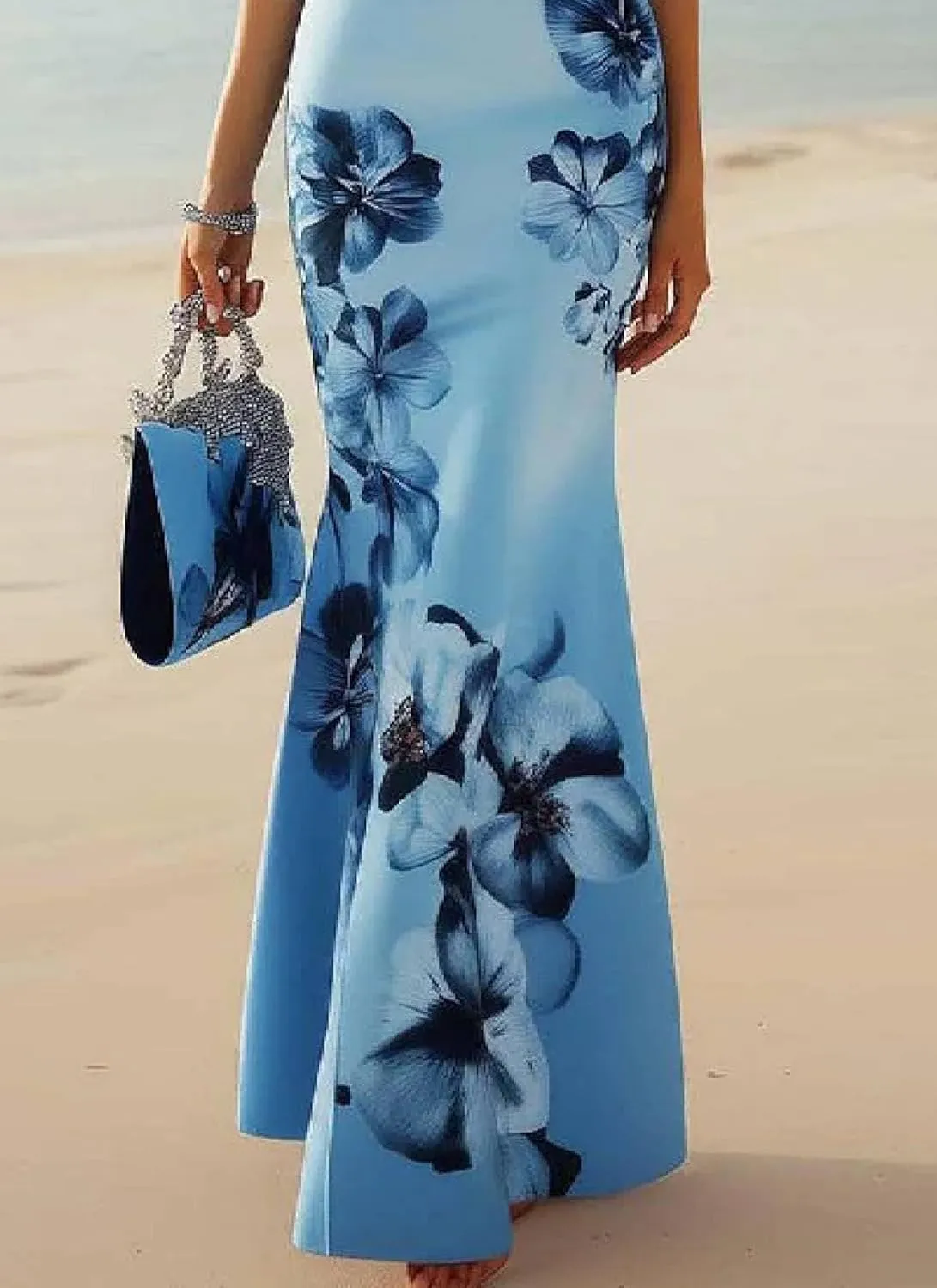 Women's Maxi Dress One Shoulder Sleeveless Blue Print Fresh and Elegant 2025 Summer Spring Cocktail Dress
