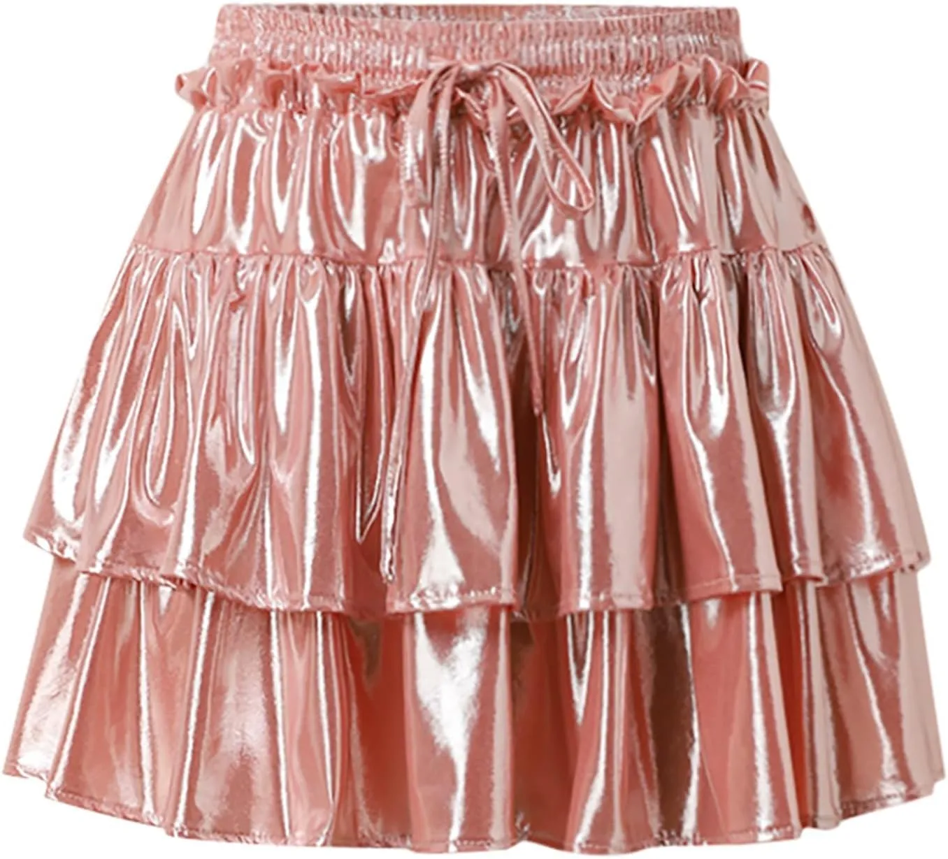 Womens Mini Skirt Pleated Flared Skater Skirt Metallic Shiny Layered Ruffle Hem Mini Skirt Halloween Rave Skirts
