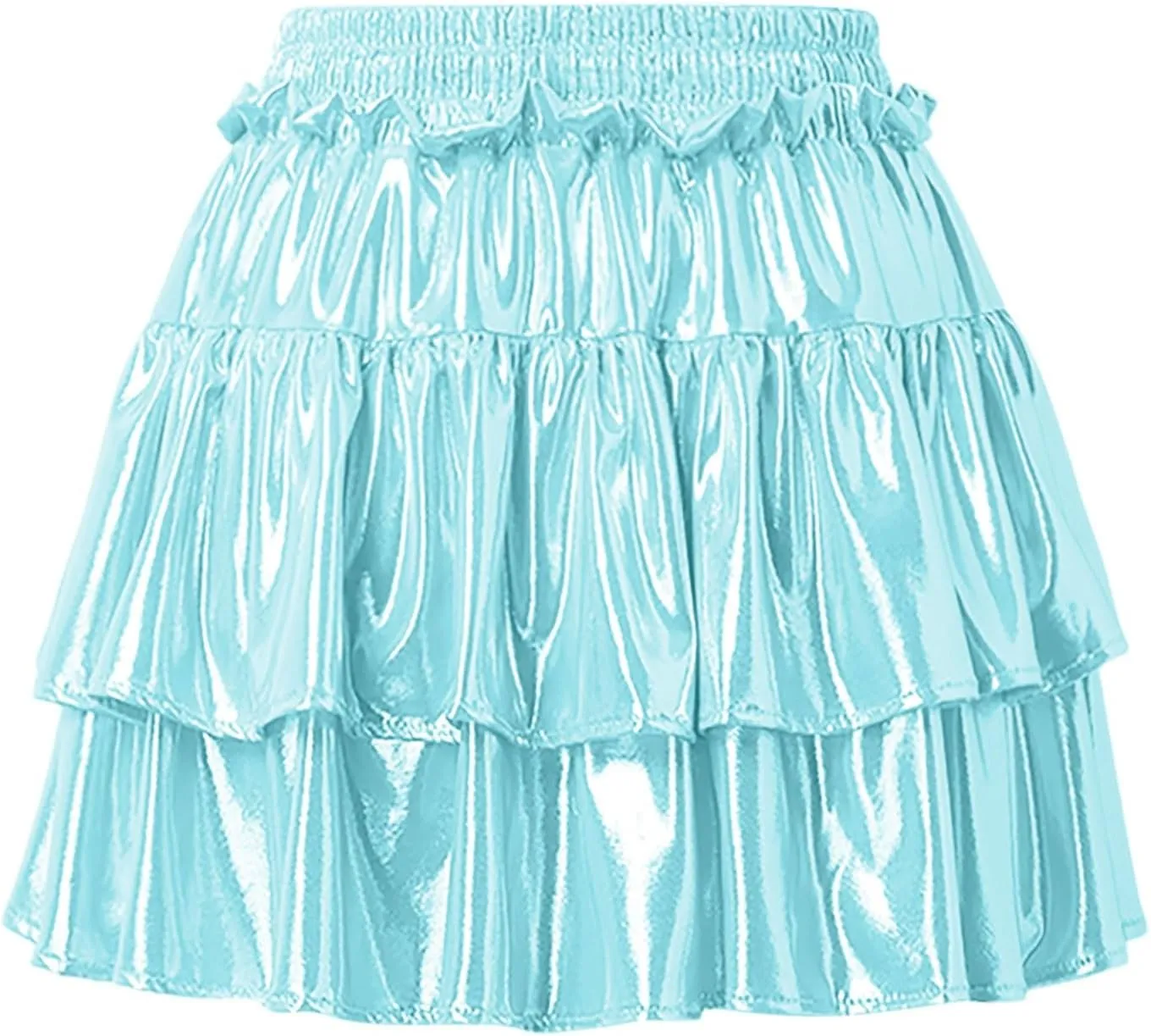 Womens Mini Skirt Pleated Flared Skater Skirt Metallic Shiny Layered Ruffle Hem Mini Skirt Halloween Rave Skirts