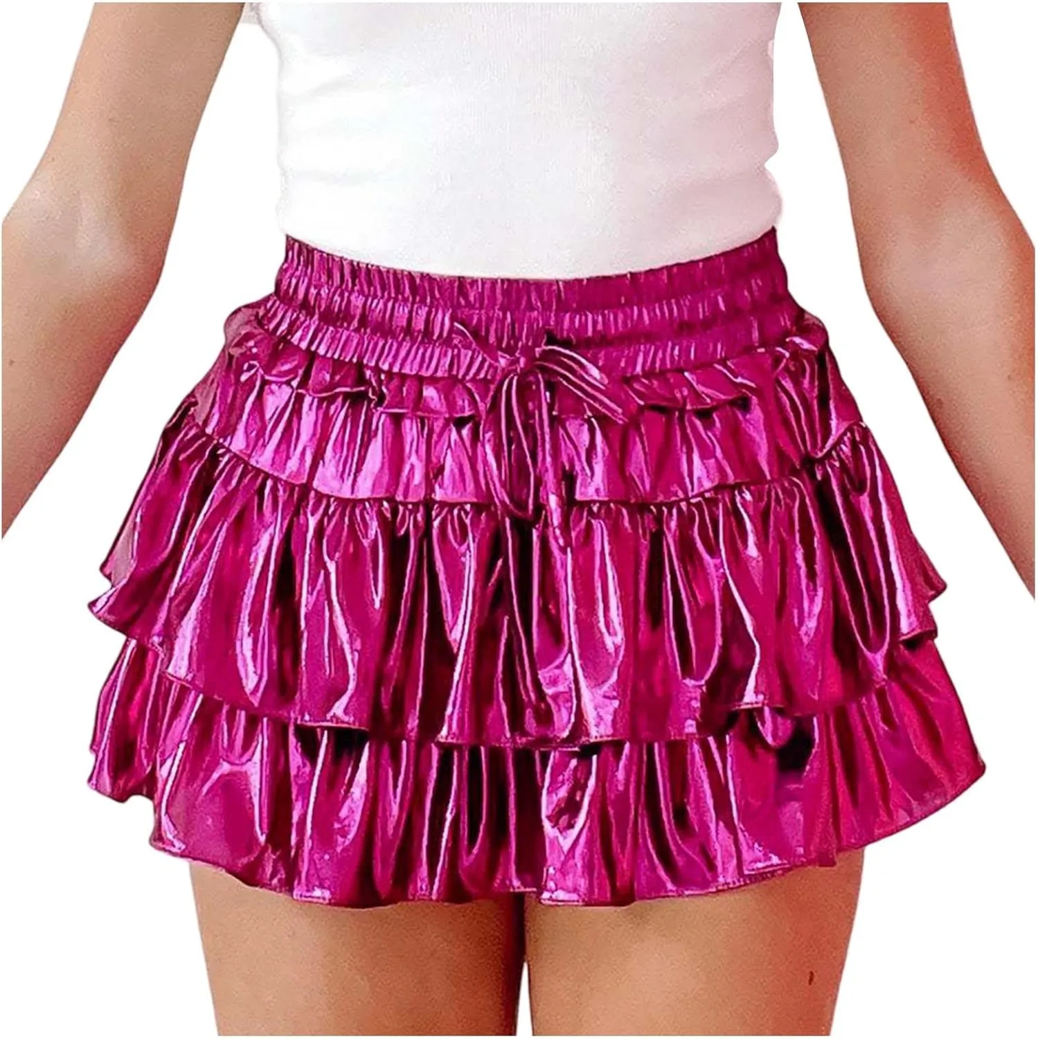 Womens Mini Skirt Pleated Flared Skater Skirt Metallic Shiny Layered Ruffle Hem Mini Skirt Halloween Rave Skirts