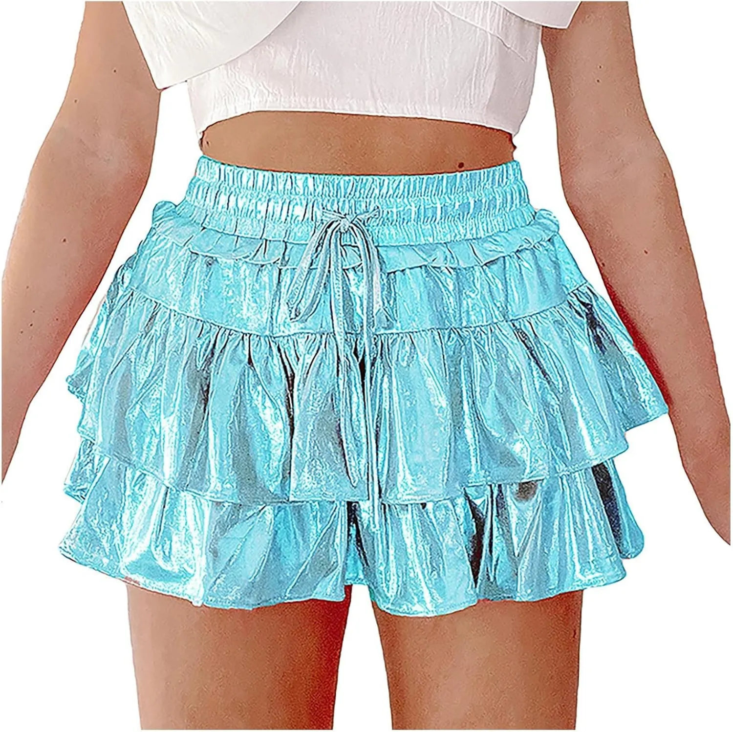 Womens Mini Skirt Pleated Flared Skater Skirt Metallic Shiny Layered Ruffle Hem Mini Skirt Halloween Rave Skirts