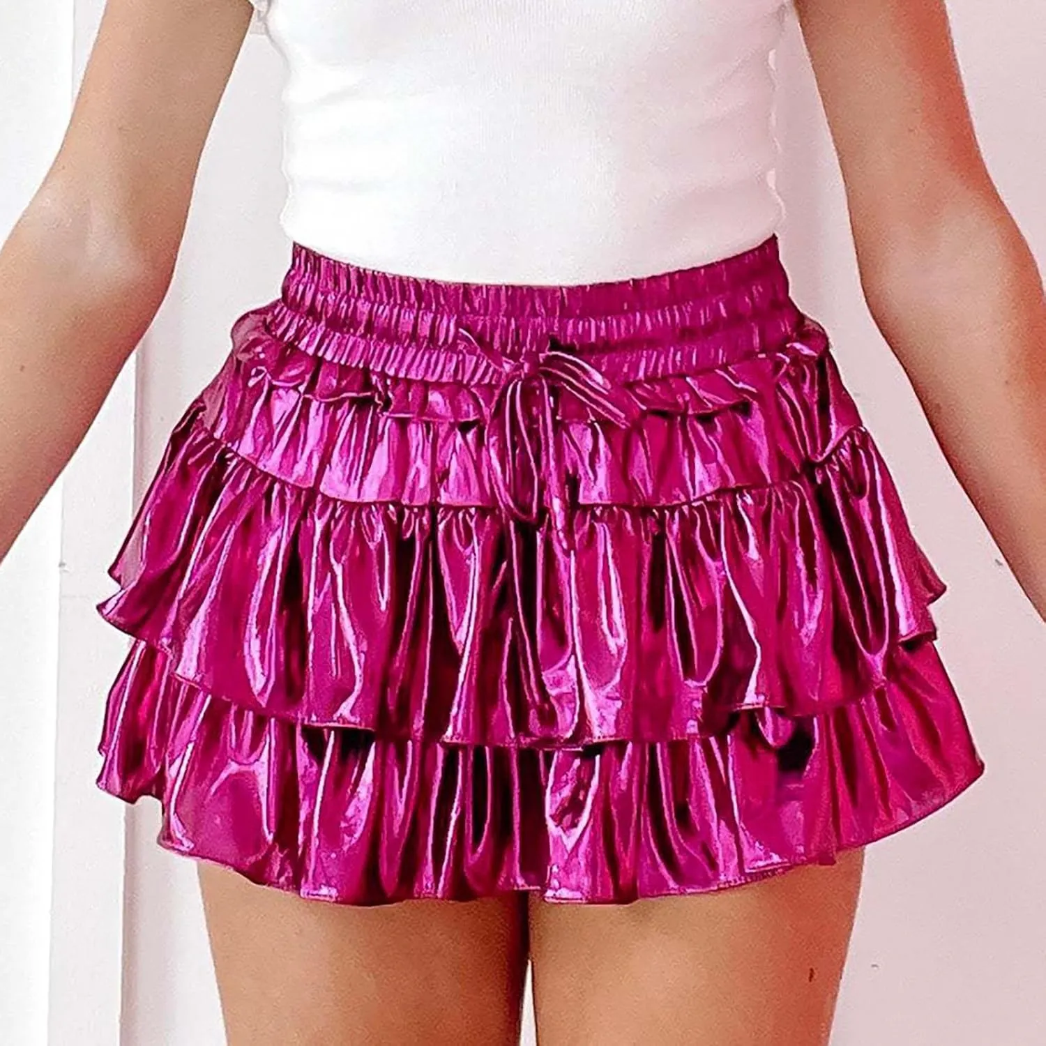 Womens Mini Skirt Pleated Flared Skater Skirt Metallic Shiny Layered Ruffle Hem Mini Skirt Halloween Rave Skirts