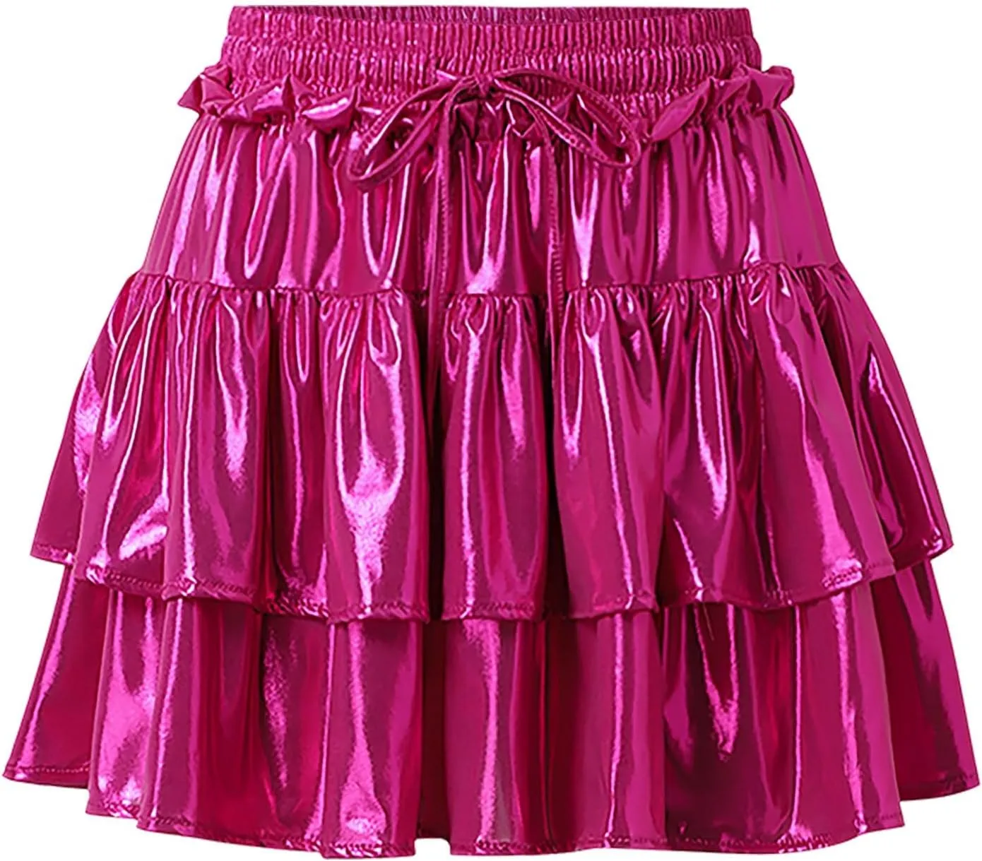 Womens Mini Skirt Pleated Flared Skater Skirt Metallic Shiny Layered Ruffle Hem Mini Skirt Halloween Rave Skirts