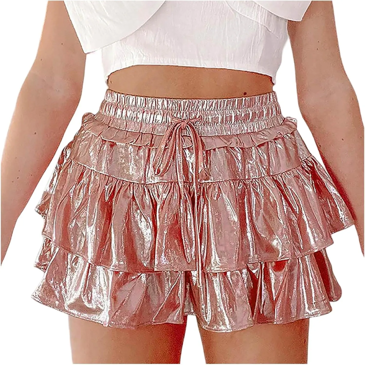 Womens Mini Skirt Pleated Flared Skater Skirt Metallic Shiny Layered Ruffle Hem Mini Skirt Halloween Rave Skirts