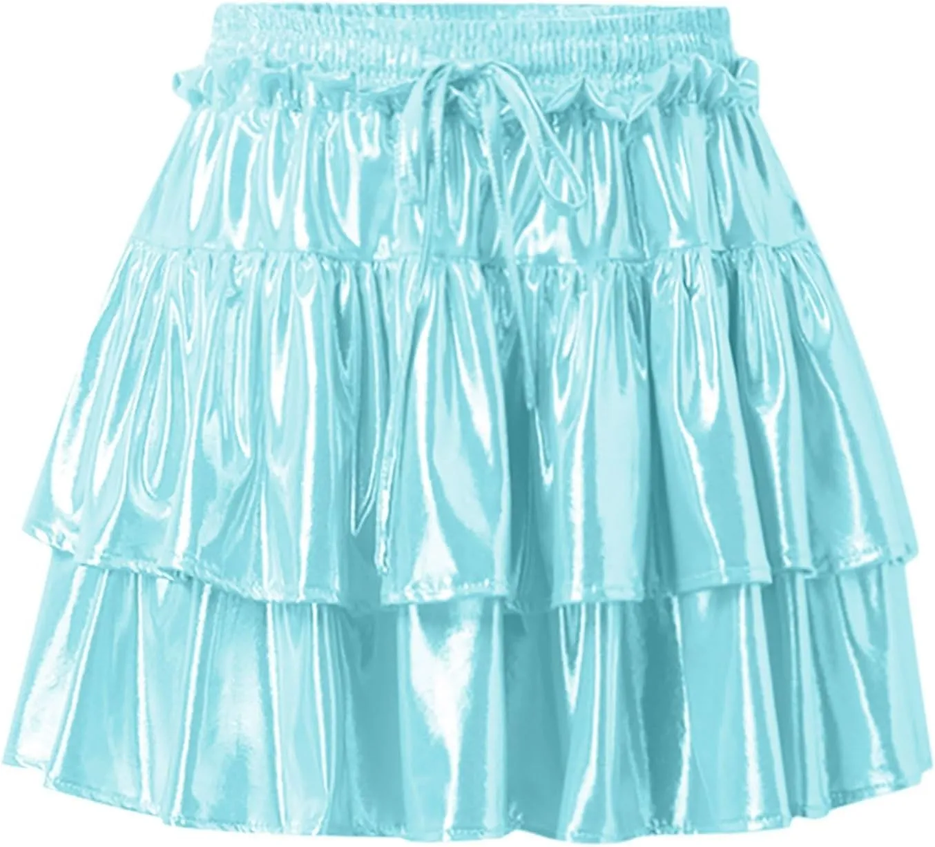 Womens Mini Skirt Pleated Flared Skater Skirt Metallic Shiny Layered Ruffle Hem Mini Skirt Halloween Rave Skirts