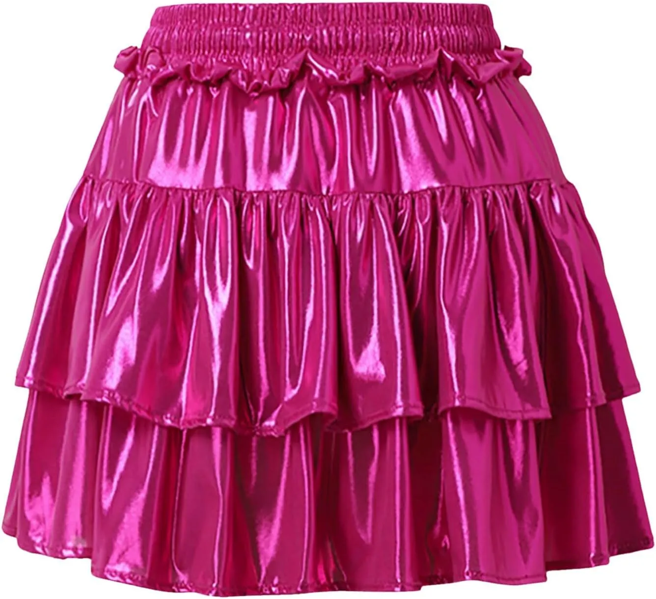 Womens Mini Skirt Pleated Flared Skater Skirt Metallic Shiny Layered Ruffle Hem Mini Skirt Halloween Rave Skirts