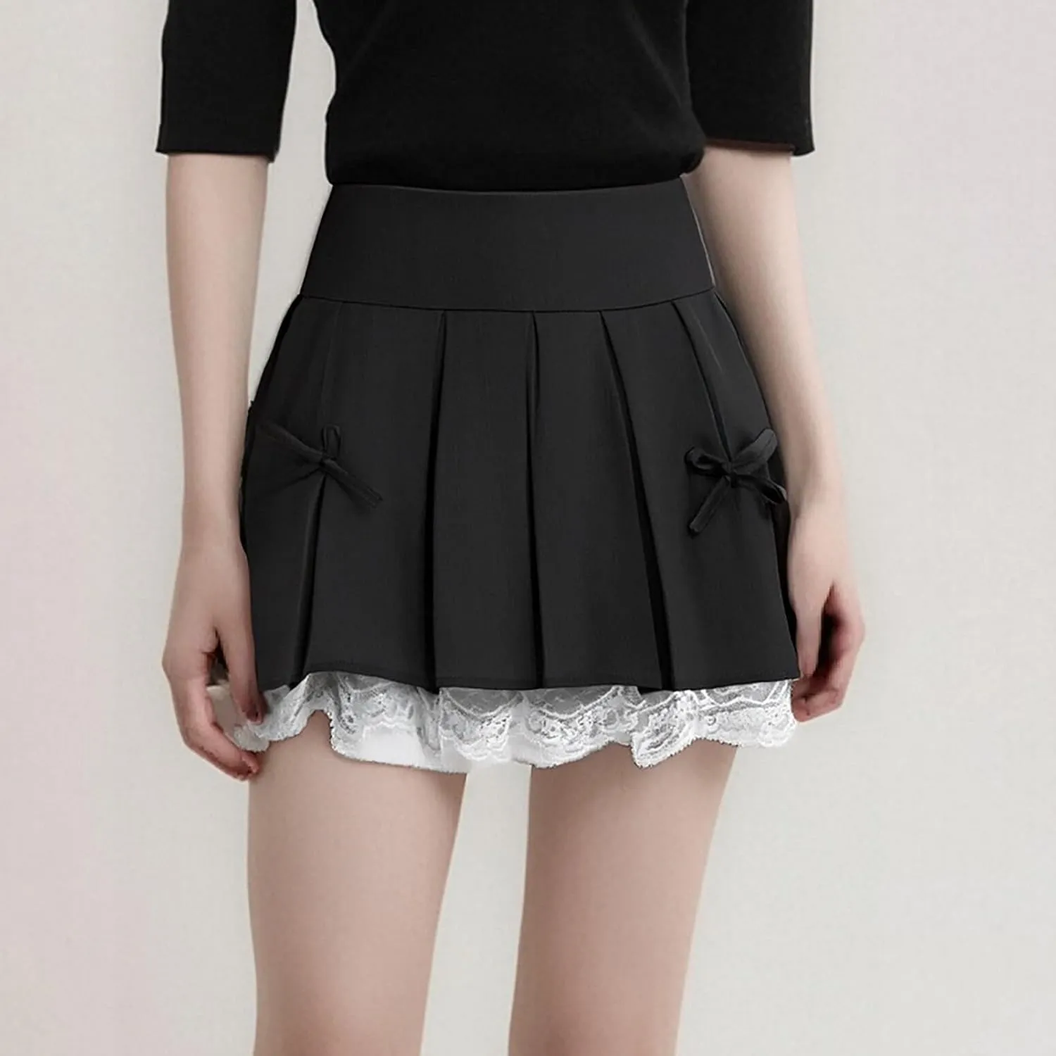 Women's Pleated Mini Skirts Sexy Lace Ruffle Short Skirt Elastic Waist Y2k Skort A Linen Basic School Skorts