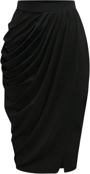 Women's Plus Size Ruched Wrap Bodycon Midi Skirts Elegant Asymmetrical Hem Long Skirt with Slit