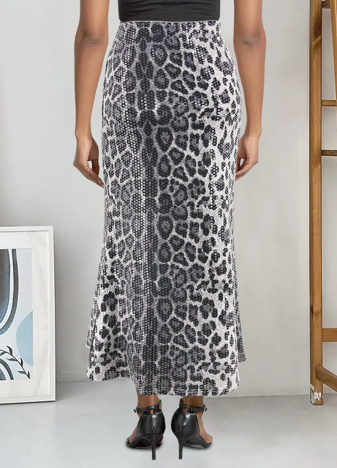 Women's Sexy Wild Leopard Skirt Sparkly Sequin Maxi Long Skirt High Waist A-Line Bodycon Skirts for Cocktail Prom