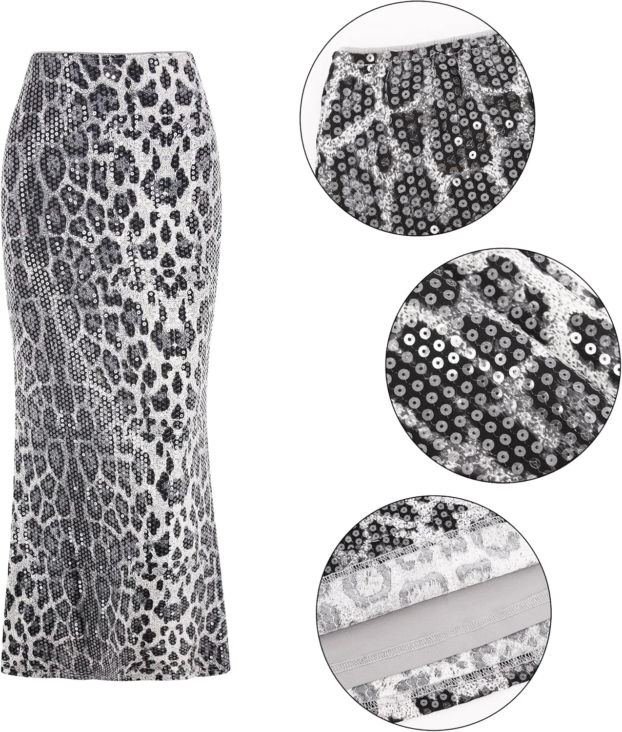 Women's Sexy Wild Leopard Skirt Sparkly Sequin Maxi Long Skirt High Waist A-Line Bodycon Skirts for Cocktail Prom