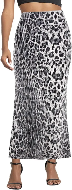 Women's Sexy Wild Leopard Skirt Sparkly Sequin Maxi Long Skirt High Waist A-Line Bodycon Skirts for Cocktail Prom
